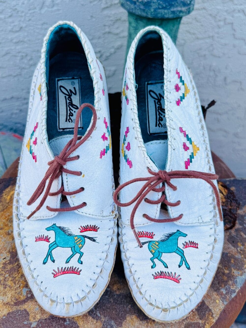 Vintage 1980s Zodiac Leather Moccasins Horse Pattern "Kirby" 8